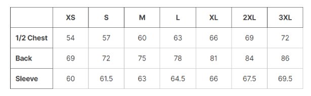 Patriot Heavy Size Chart NEW